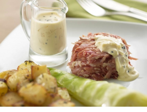 Pulled Ham Hock with Cider, Mustard & Black Onion Seed Sauce